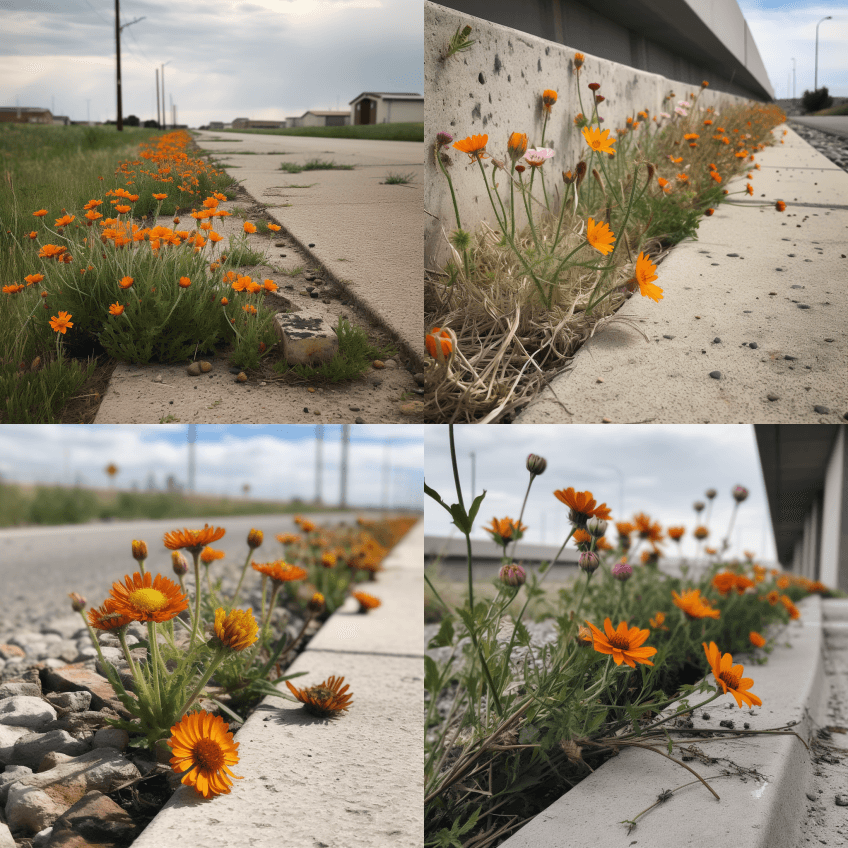 一些排列在路边的花，以野兽、鸭芯、斑点、 - Midjourney Prompt