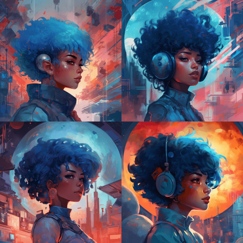 非洲未来主义太空殖民地前的蓝头发，太空海 - Midjourney Prompt