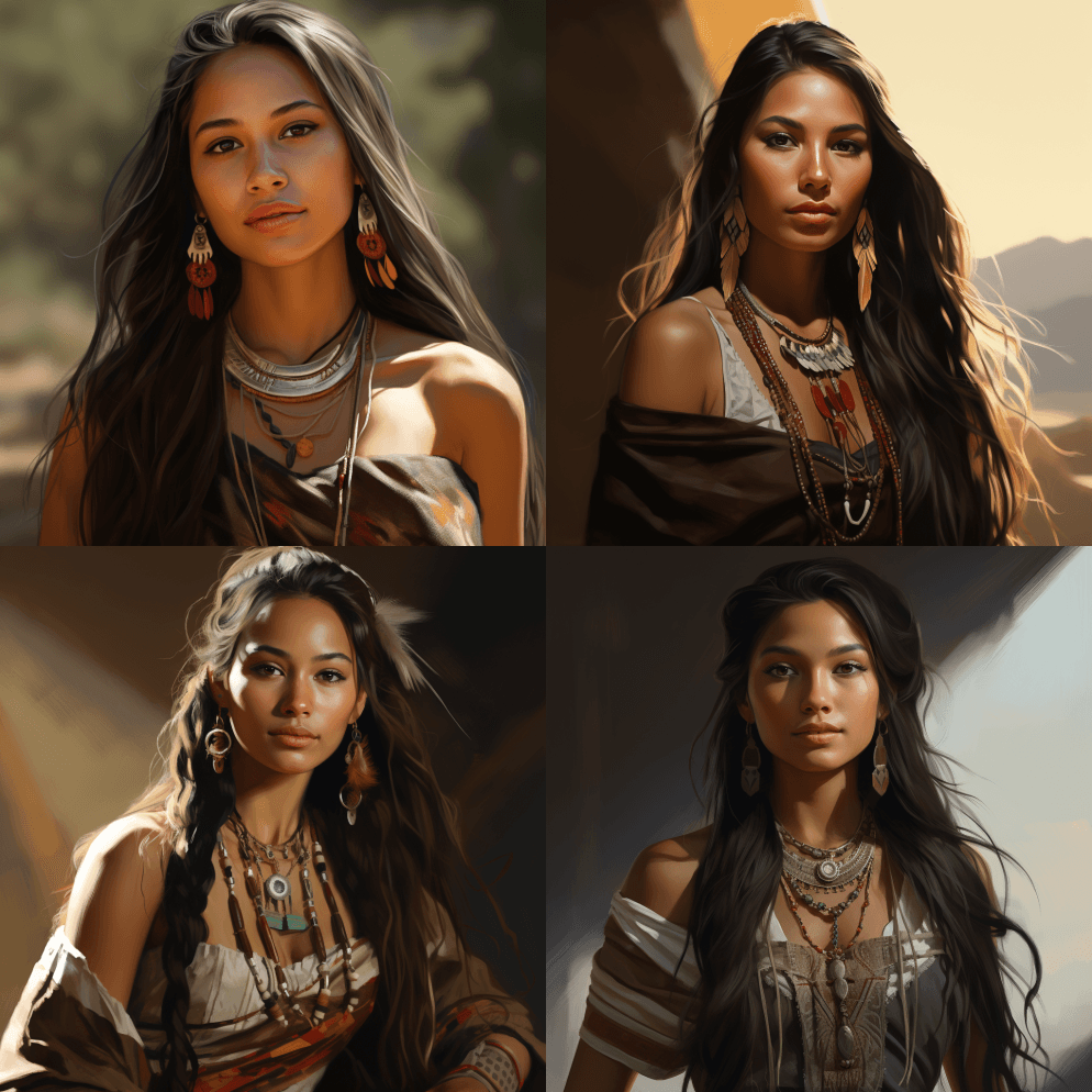 数字绘画，美国原住民妇女穿着设计师设计的 - Midjourney Prompt