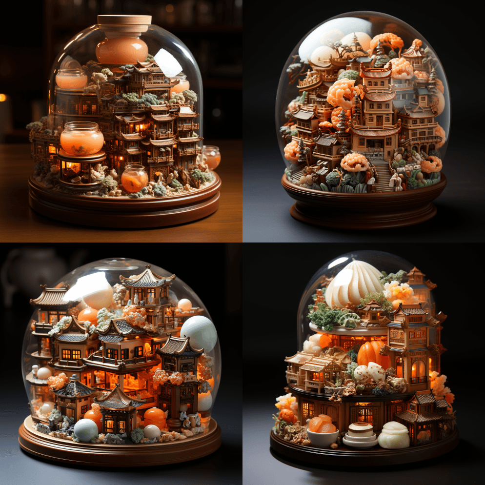 香港纪念品雪球，上面有一堆点心，就像老茶 - Midjourney Prompt