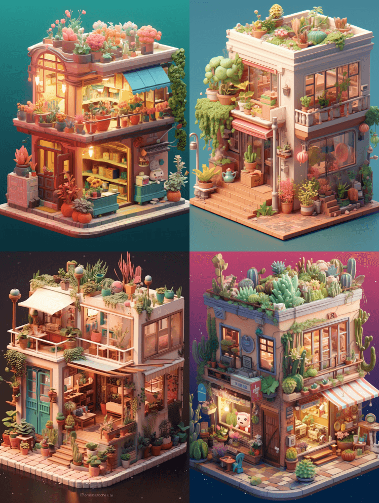 五颜六色的玩偶之家，花店，卡通风格，以动 - Midjourney Prompt