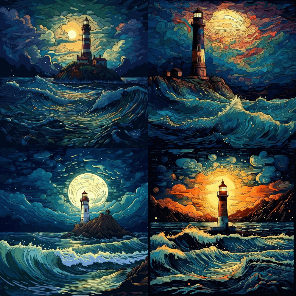 夜晚的彩色海景，灯塔，以图形小说的风格启 - Midjourney Prompt