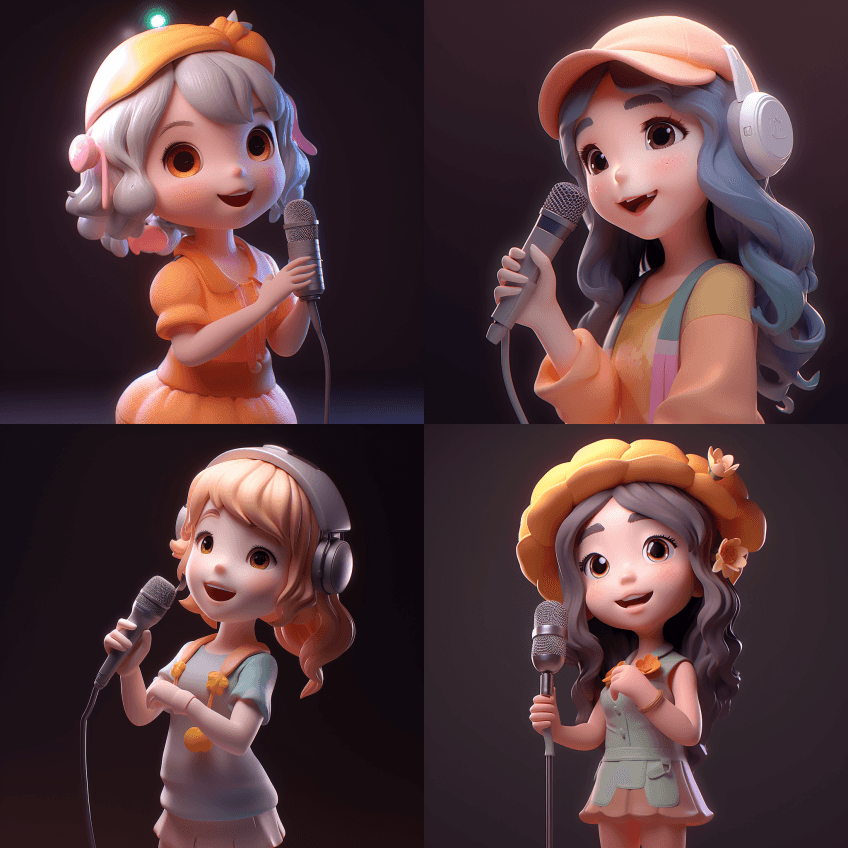 一个可爱、美丽的女孩拿着麦克风唱歌，快乐 - Midjourney Prompt
