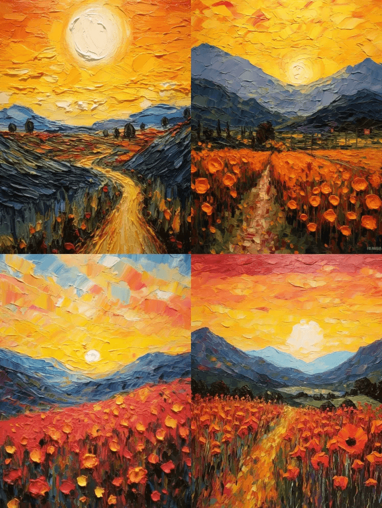 夕阳下的一座厚重的Imasto山，用梵高 - Midjourney Prompt