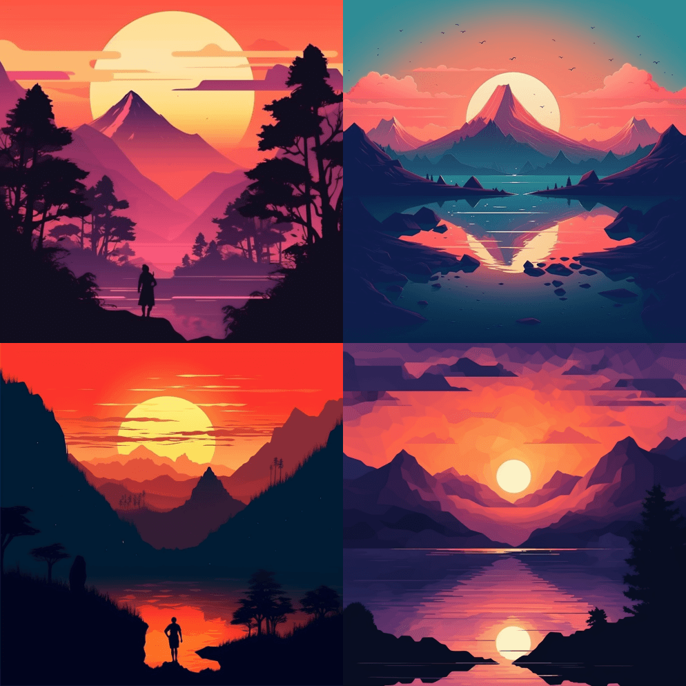 多层，剪影，风景，山，海在中间，锐利的边 - Midjourney Prompt