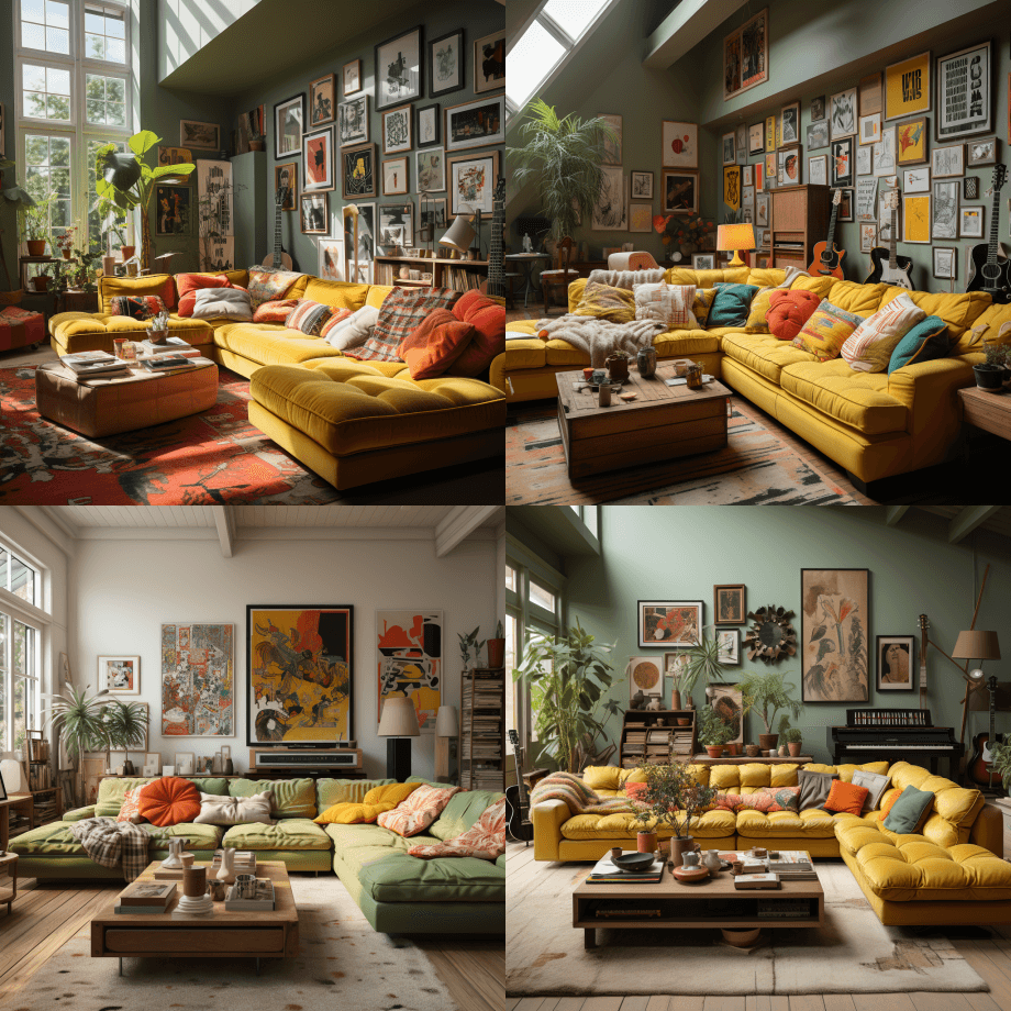 一个大客厅，墙上挂着画，风格有淡黄色和绿 - Midjourney Prompt