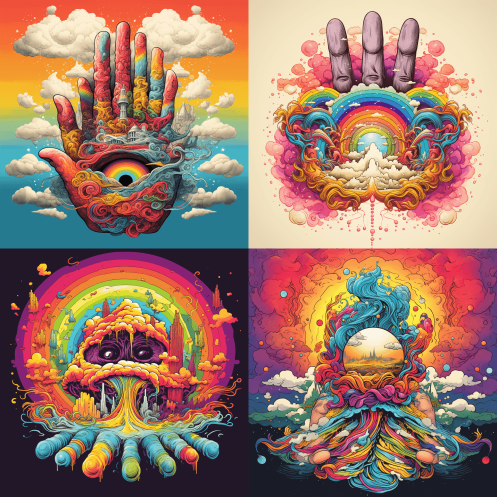 奇怪的绿宝石，迷幻，彩虹芯，插图，手， - Midjourney Prompt