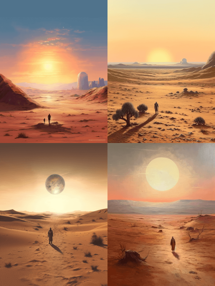 在沙漠中醒来，远处有微弱的太阳 - Midjourney Prompt