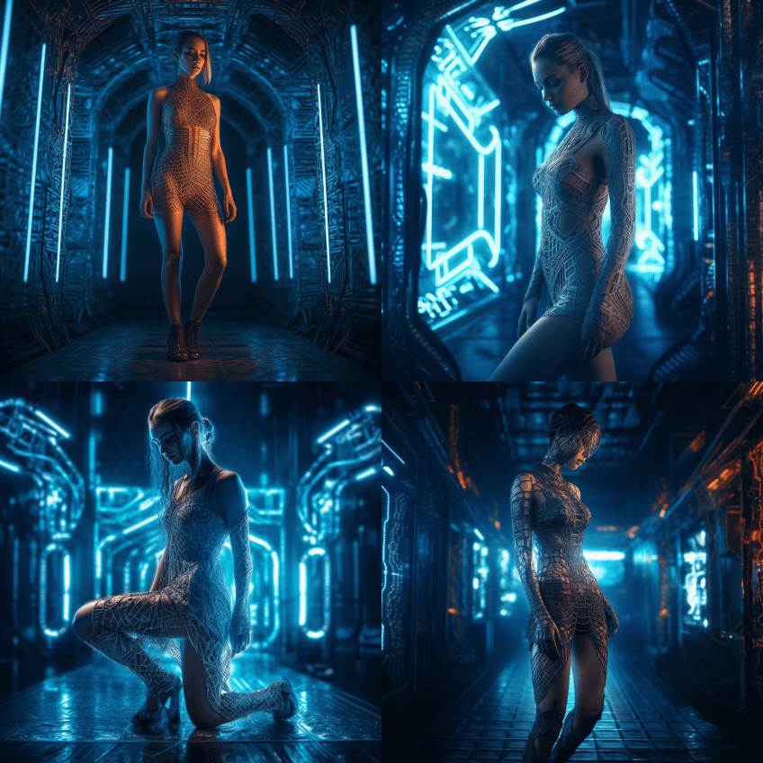 未来派蕾丝连衣裙，时尚概念，LED灯。性 - Midjourney Prompt