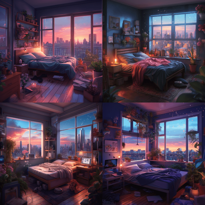 卧室有漂亮的窗户，装饰着花盆和鲜花，具有 - Midjourney Prompt