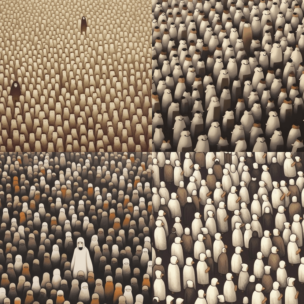 人群中的某个人，以极简超现实主义、田园怀 - Midjourney Prompt