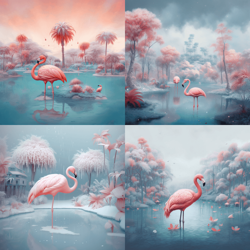 数码油画，穿着冬衣的火烈鸟，异想天开，柔 - Midjourney Prompt