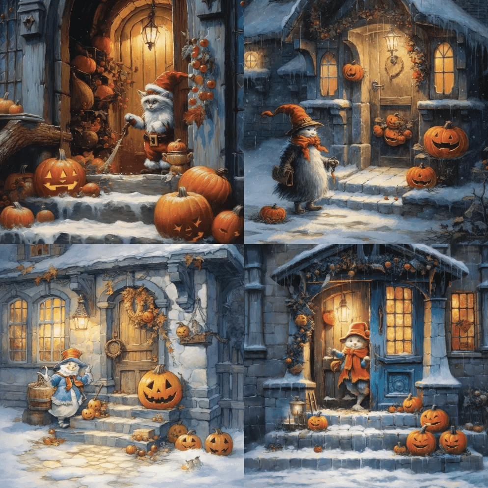 杰克-o-灯笼在积雪的家门口戴着圣诞帽， - Midjourney Prompt