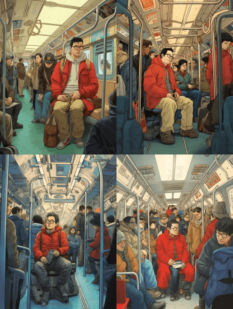 这位残疾男子坐在地铁上的轮椅上，黑发，戴 - Midjourney Prompt