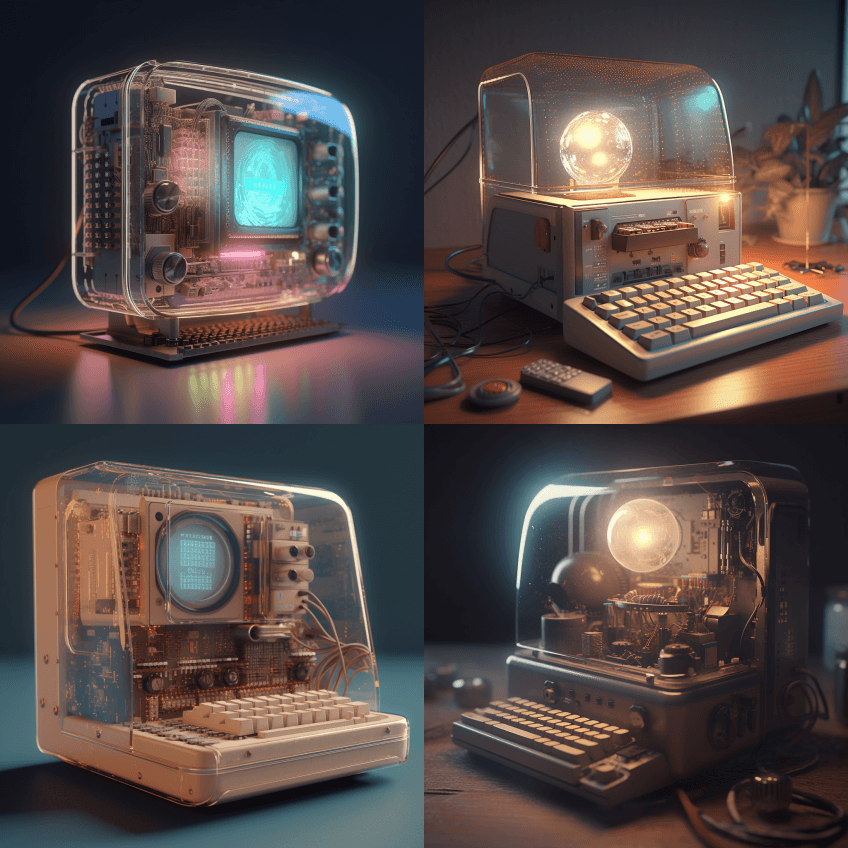 透明技术可爱复古电脑，景深，灯光背景，工 - Midjourney Prompt