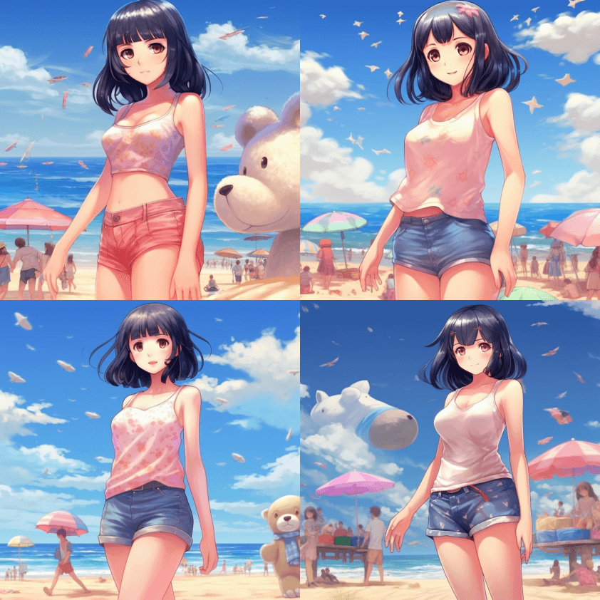 日本卡通女孩，粉色半袖上衣，白色短裤，黑 - Midjourney Prompt