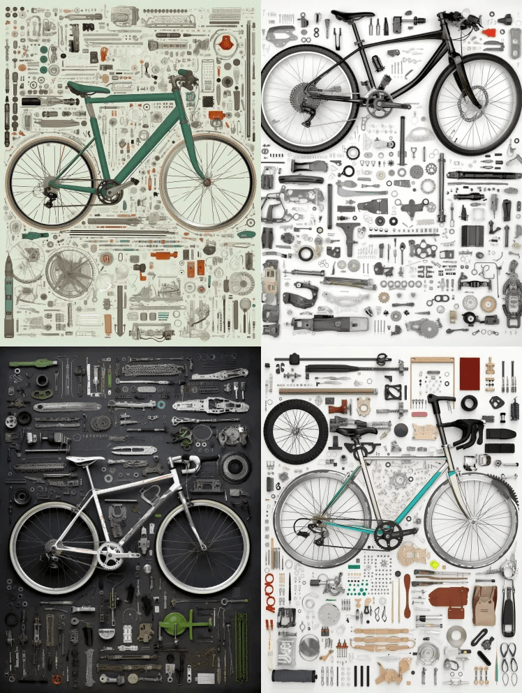 未来巨大的自行车，打滚，打滚布局，解构， - Midjourney Prompt