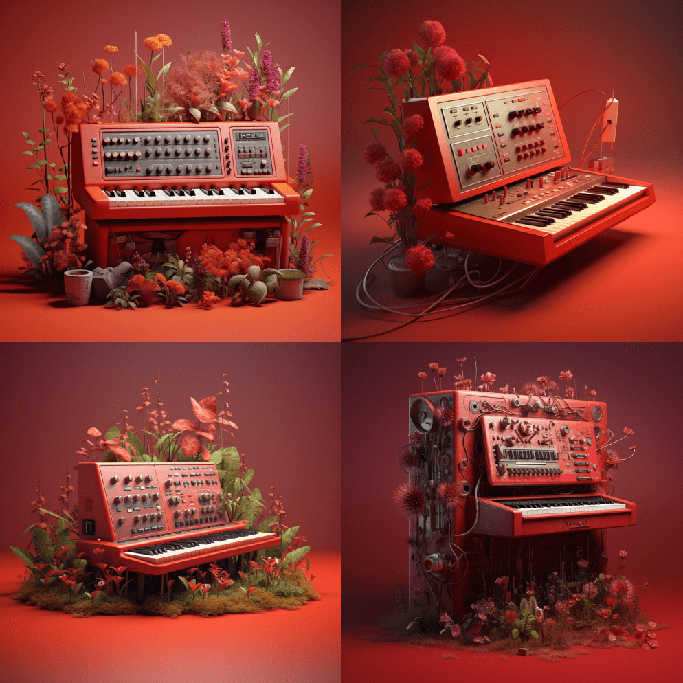 没有鲜花的红色合成器，只有Mike Ca - Midjourney Prompt