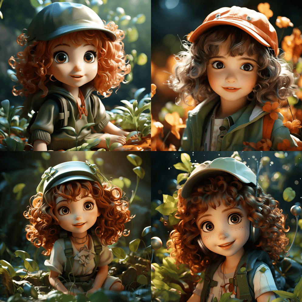 水上非常可爱的小女孩，波浪头发，卡通造型 - Midjourney Prompt