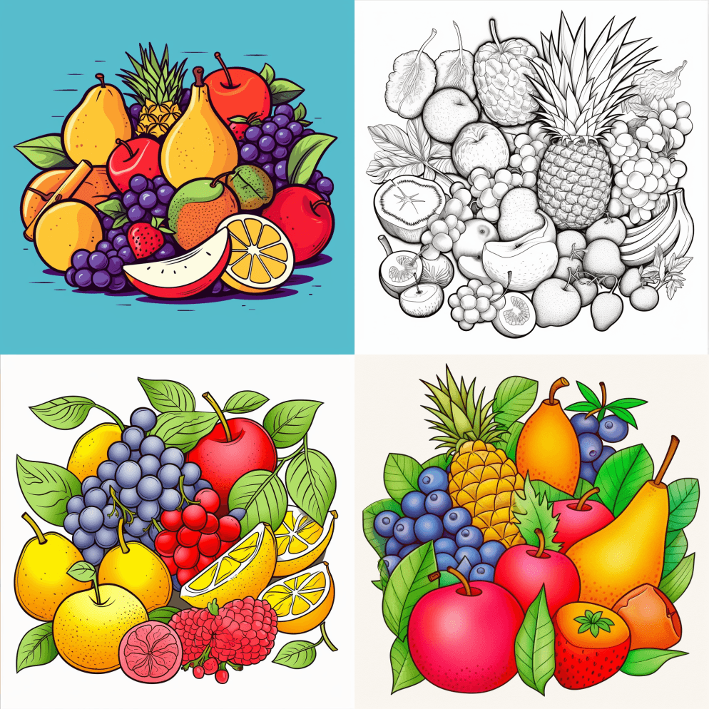 轻松上色书夏日水果干净简洁的线条艺术 - Midjourney Prompt