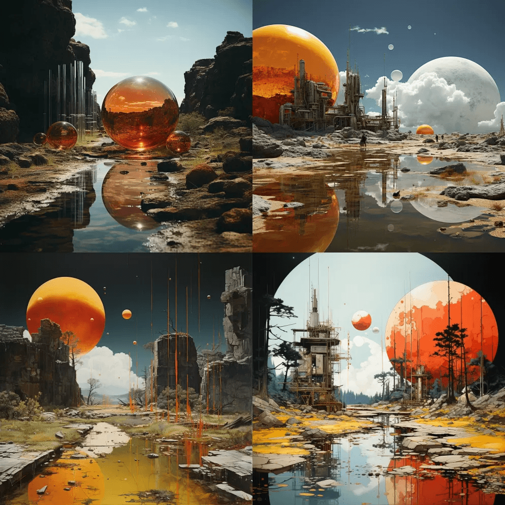 太空中的红色小行星和黄色空间站，风格奇幻 - Midjourney Prompt