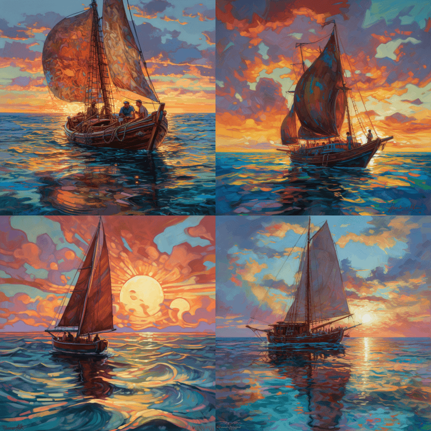 一艘沿着加勒比海中充满活力的大海滑行的木制欣克利斯鲁普帆船  - Midjourney Prompt