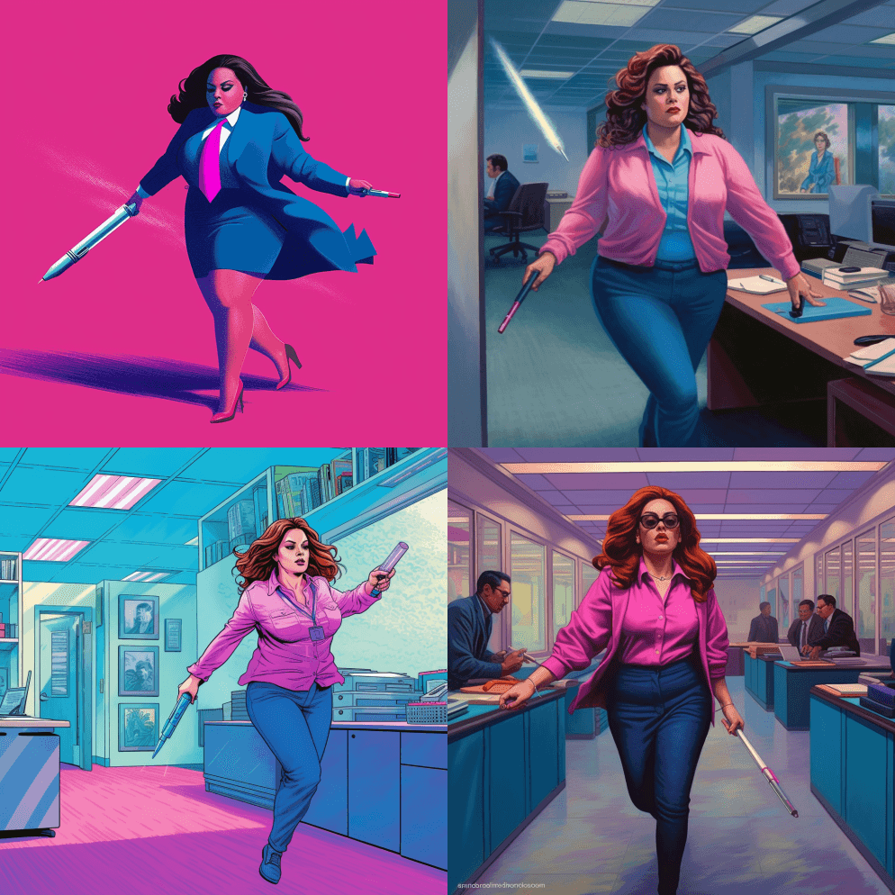 一个胖女人大步走过办公室，手里拿着一支注 - Midjourney Prompt