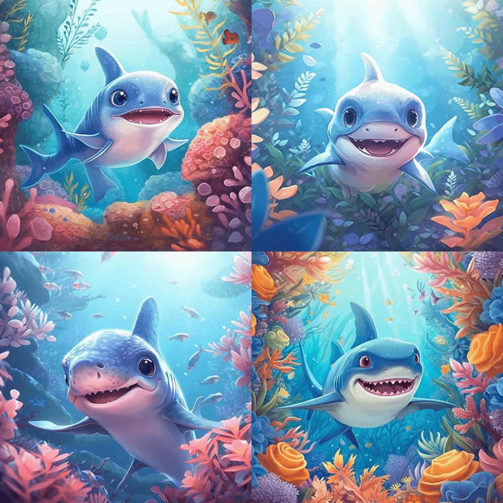 小可爱小蓝鲨在珊瑚礁里游泳，令人惊叹的可 - Midjourney Prompt