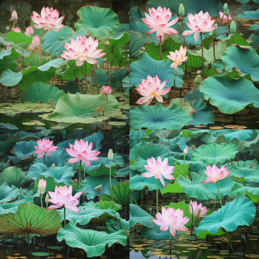 荷叶和荷花在池塘里，自然光，粉色，白色， - Midjourney Prompt