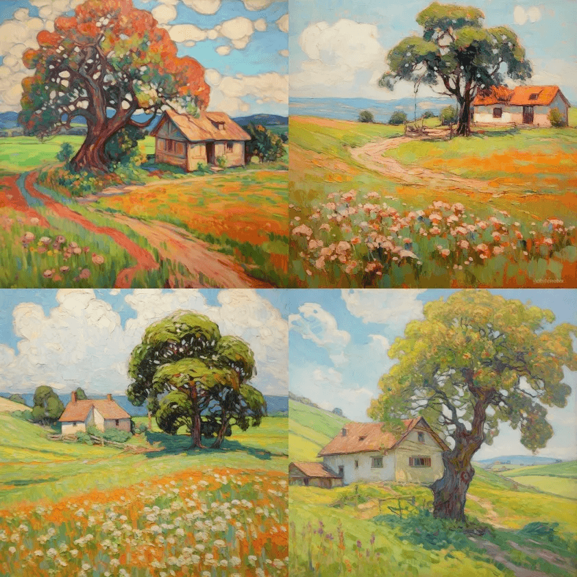 库诺·阿米特风格的印象派油画，在连绵起伏 - Midjourney Prompt