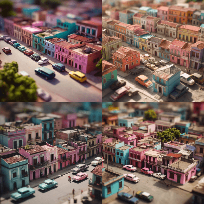 倾斜-Shift，古巴，五颜六色的房子， - Midjourney Prompt