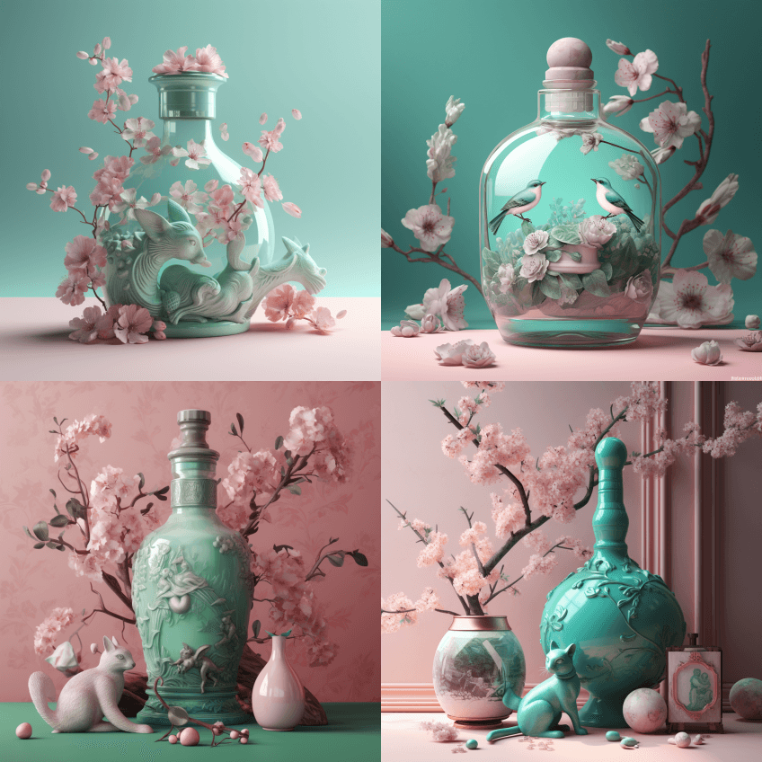 3D瓶樱花插图,浅粉色和浅翡翠风格,超逼 - Midjourney Prompt