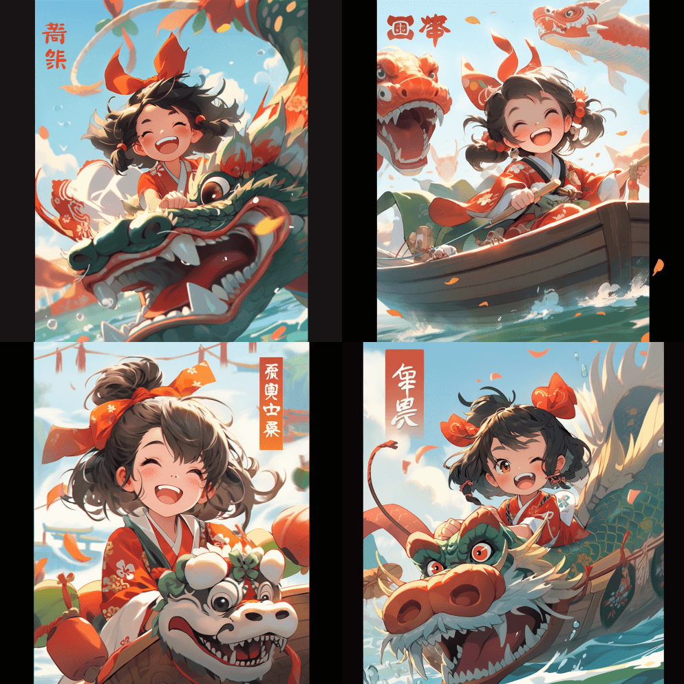 一名中国女孩用传统的虎头形状的船头划着一 - Midjourney Prompt