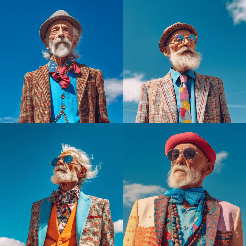 一位老人的照片肖像，穿着非常时尚和五颜六 - Midjourney Prompt