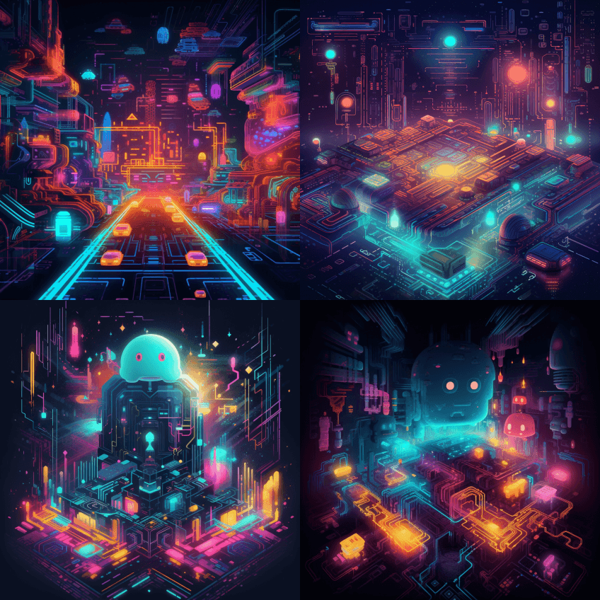 概念艺术。灵感来自复古街机游戏(吃豆人、 - Midjourney Prompt