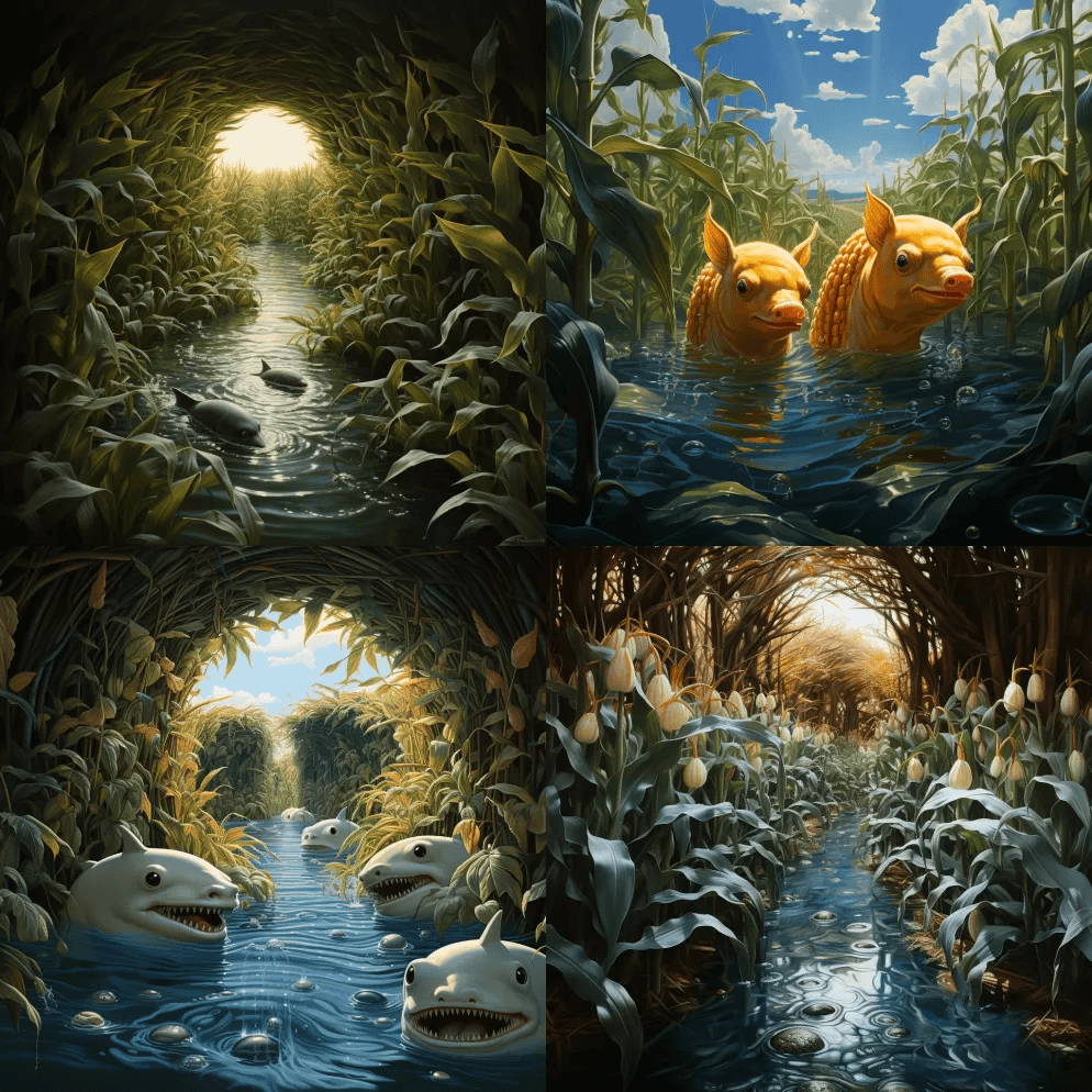 两只蓝海豚在玉米迷宫中游泳，超现实又超现 - Midjourney Prompt