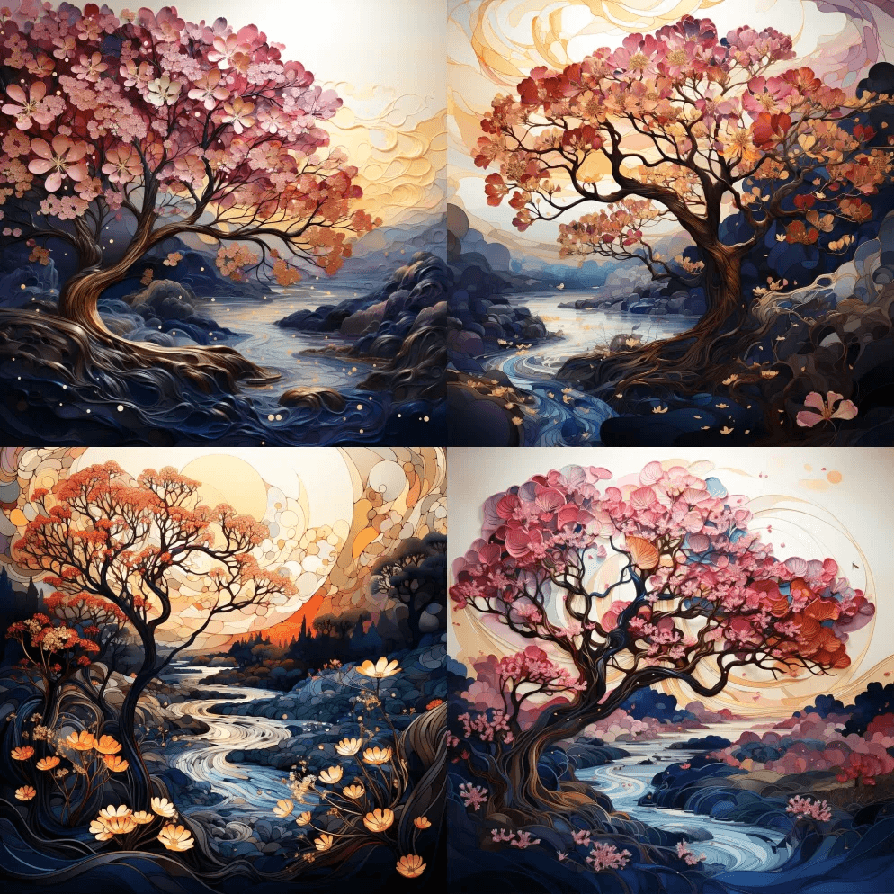 一幅五彩缤纷的树花画，以神秘梦幻般的场景 - Midjourney Prompt