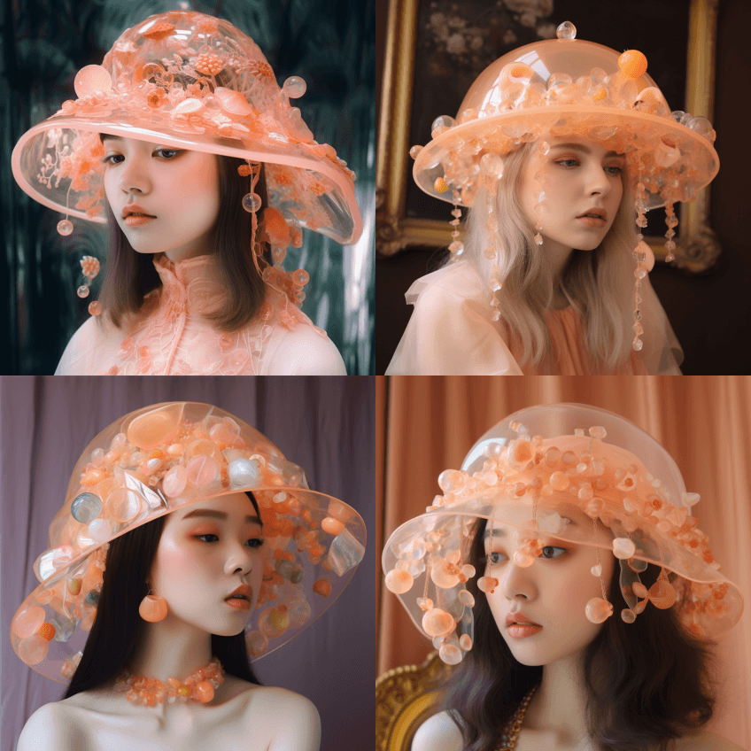 一个女人戴着一顶巨大的透明闪闪发光的桃色 - Midjourney Prompt
