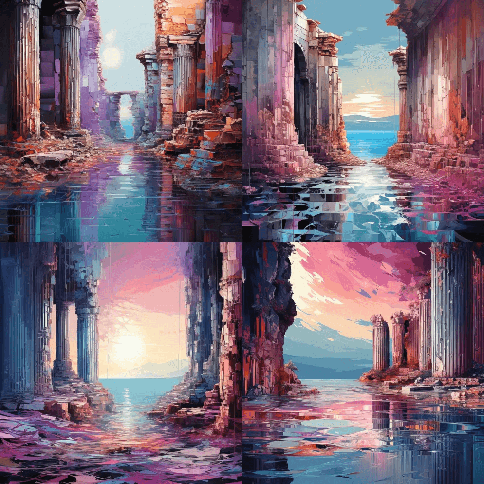 希腊遗址，美人鱼，酒吧女郎，瀑布，抽象白 - Midjourney Prompt