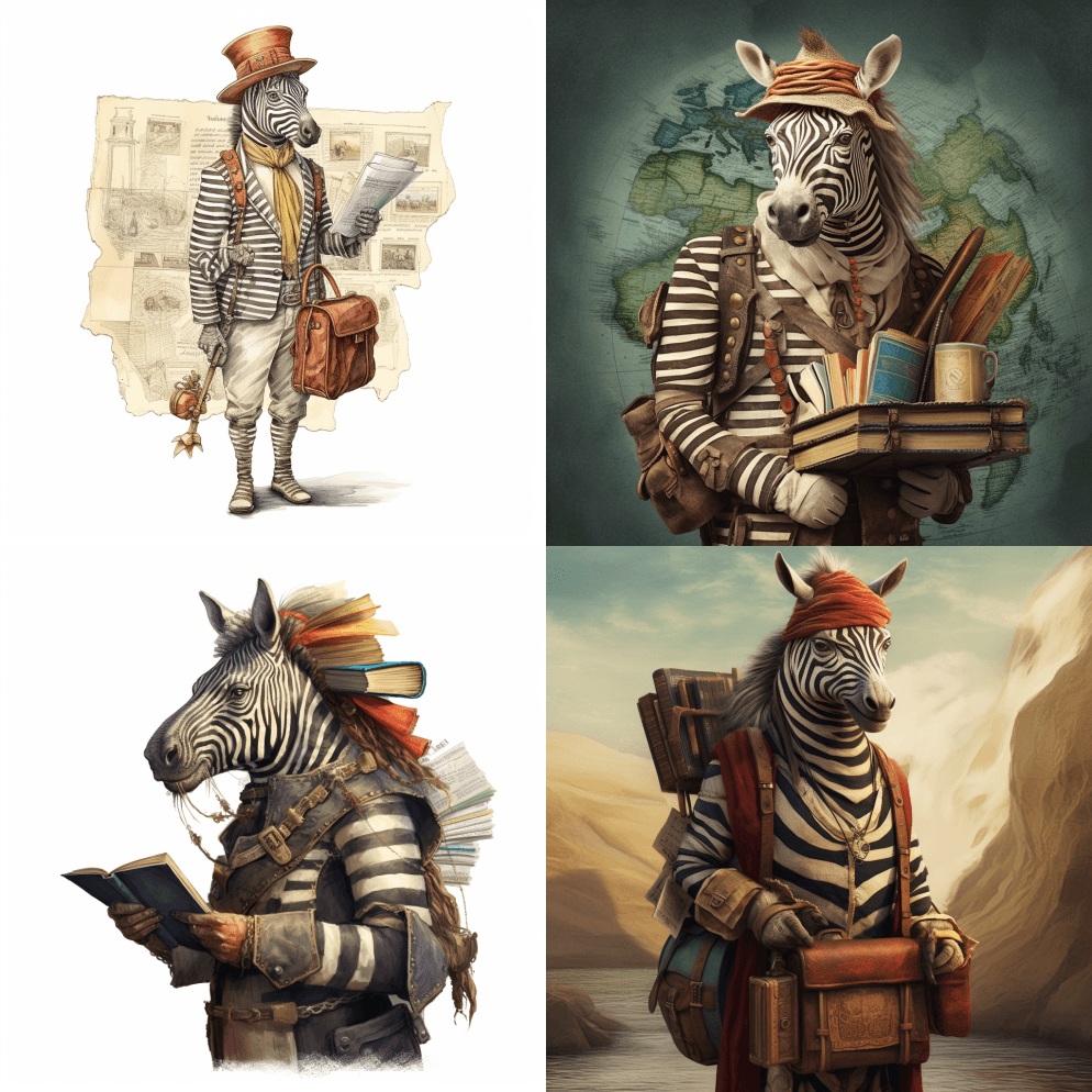 一匹拟人化的斑马装扮成导游，梦幻 - Midjourney Prompt