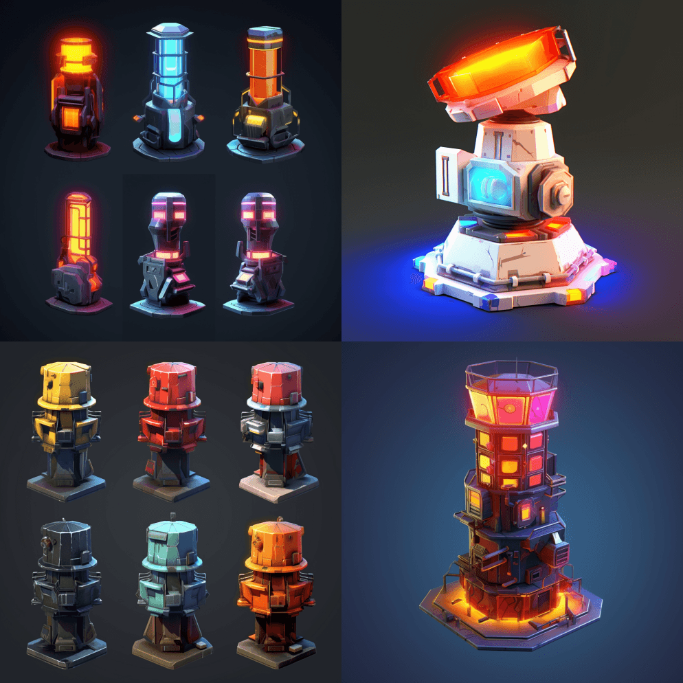 低多晶硅发光二极管电子塔防御雷达炮塔变种 - Midjourney Prompt