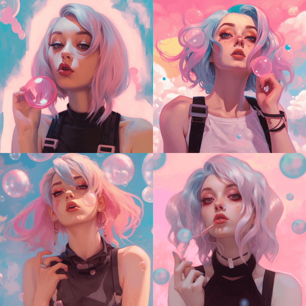 粉芯女郎吹泡泡，动漫泡泡糖美学，背景宽广 - Midjourney Prompt