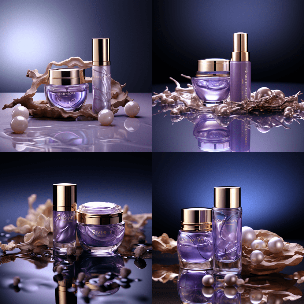 面霜旁边是一大瓶精华水和紫色和棕色的珍珠 - Midjourney Prompt