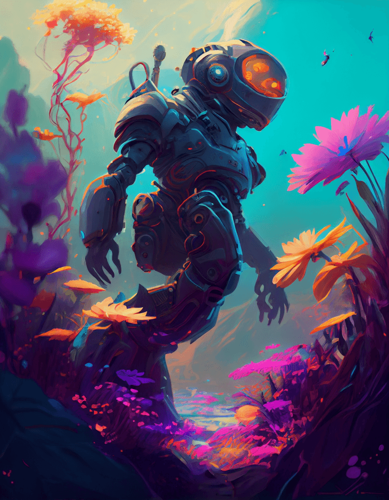 漂浮的机器人哨兵喜欢在外星人星球上捡花， - Midjourney Prompt