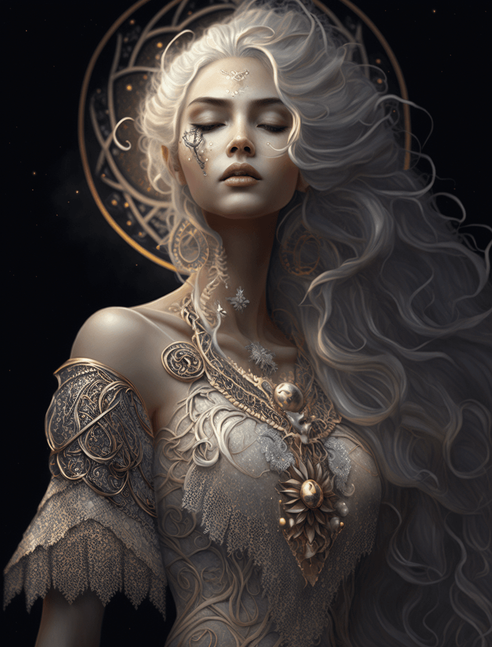 月亮女神，露娜，白发，长长的华丽的辫子， - Midjourney Prompt