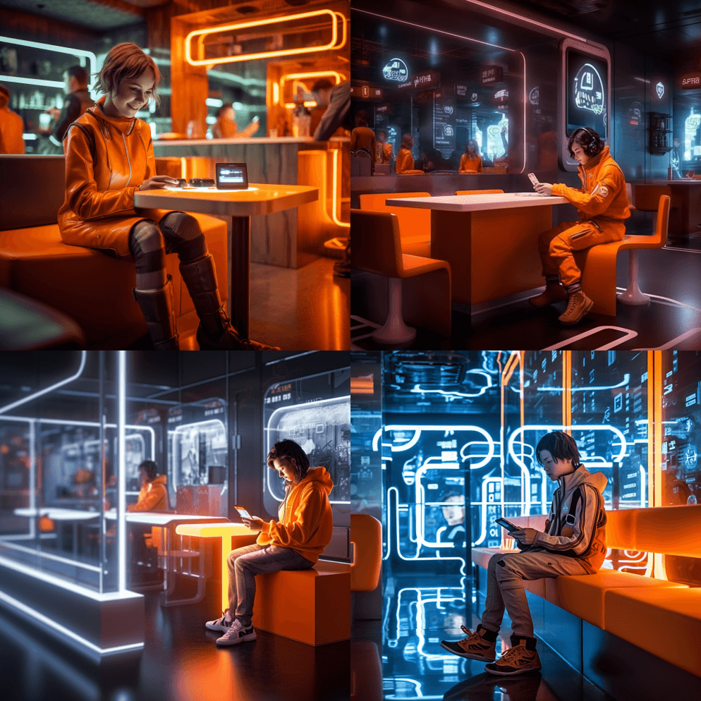 一个男孩坐在一家小吃店里，面带微笑地看着 - Midjourney Prompt