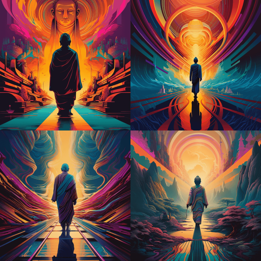 佛祖正走在一条漫长的道路上，在风格上大胆 - Midjourney Prompt