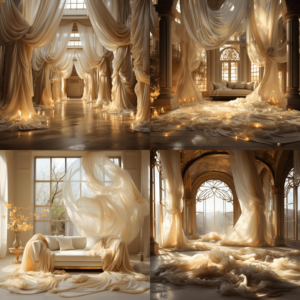 整个场景，柔和明亮的灯光，透明的白色窗帘 - Midjourney Prompt