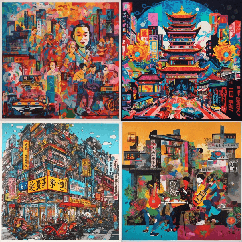 一幅中间设计不同寻常的彩色油画，风格怀旧 - Midjourney Prompt