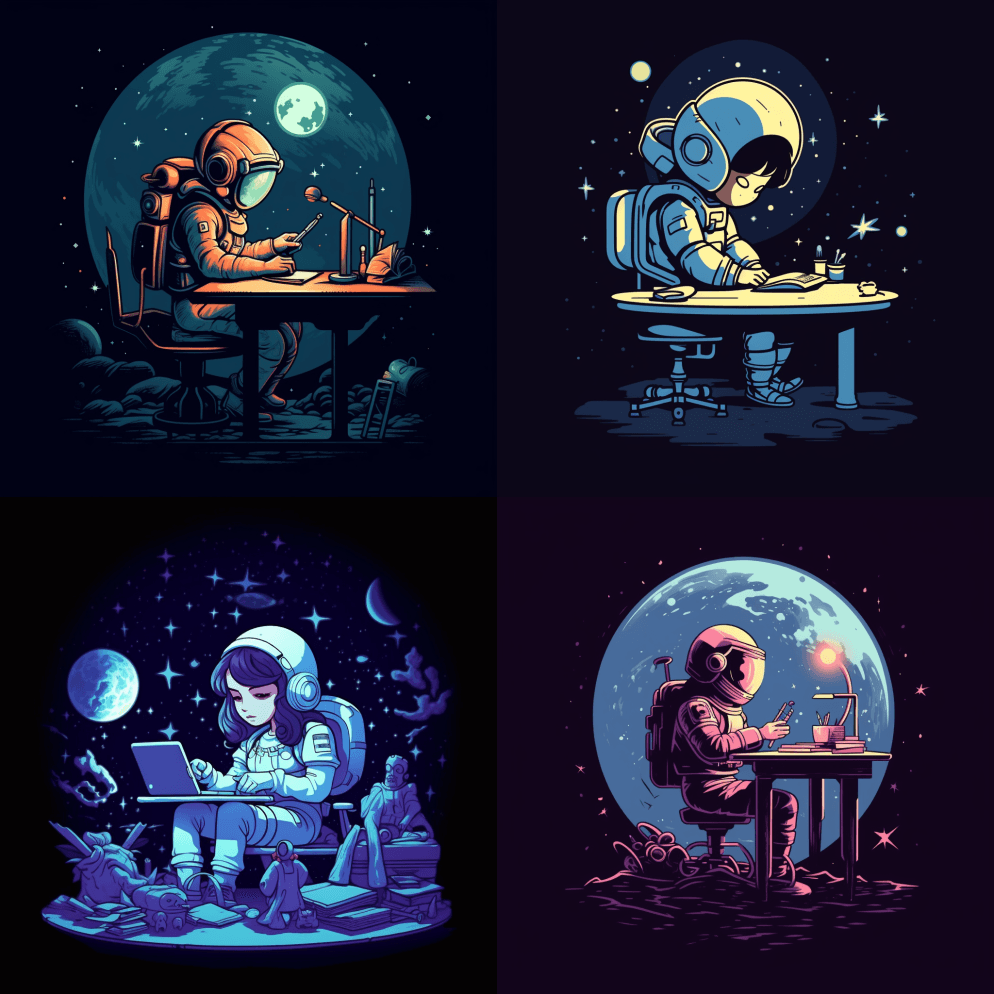 可爱的矢量式宇航员，晚上在办公桌前辛勤工 - Midjourney Prompt